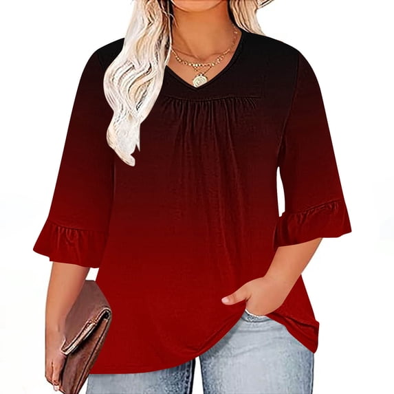 Fall Saving QUINDOS Women's Shirts Plus Size Gradient 3/4 Sleeve Womens Fall Tops Regular Fit V-Neck Red Pleated Gradient Casual Ruffle Sleeve Tops