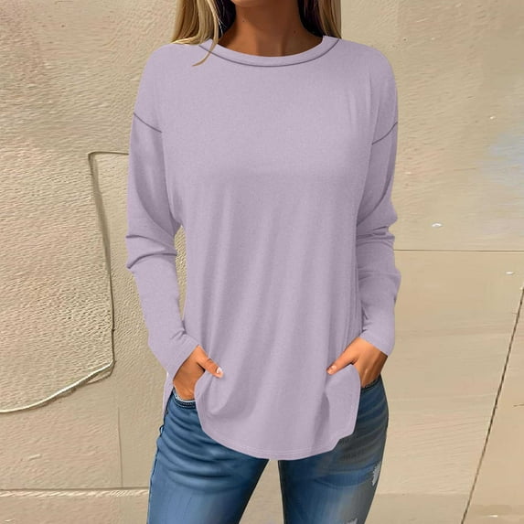 Fall Saving QUINDOS Women's Shirts Tunic Long Sleeve Womens Plus Size Tops Casual Solid Pink Crew Neck Classic Fit Tops