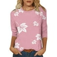 thumbnail image 1 of Fall Saving QUINDOS Womens Graphic Tees 3/4 Sleeve Womens Tops Plus Size Pink Casual Crew Neck Regular Fit Leaf Tops, 1 of 3