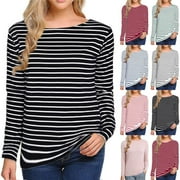 Fall Saving Clearance!QUINDOS Womens T Shirts Striped Long Sleeve Plus Size Tops for Women Crew Neck Casual Striped Patchwork Black Classic Fit Tops