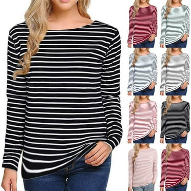 Fall Saving Clearance!QUINDOS Womens T Shirts Striped Long Sleeve Plus Size Tops for Women Crew Neck Casual Striped Patchwork Black Classic Fit Tops