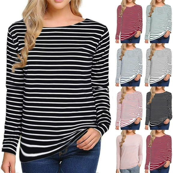 Fall Saving QUINDOS Womens T Shirts Striped Long Sleeve Plus Size Tops for Women Crew Neck Casual Striped Patchwork Black Classic Fit Tops