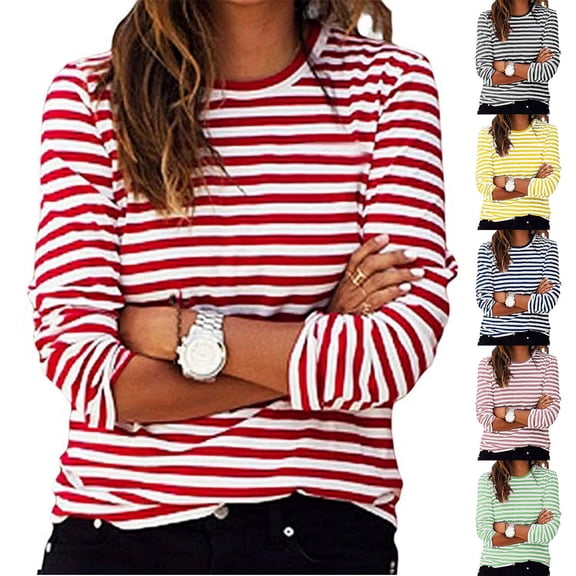 Fall Saving QUINDOS Womens T Shirts Striped Long Sleeve Tops for Women Casual Striped Red Classic Fit Crew Neck Tops