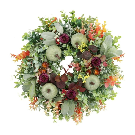 Hvmvliv Fall Door Wreath 15Inch Fall Wreath Decor For Front Door With Green Pumpkin, Violet And Eucalyptuses Leaves, Thanksgiving Door Wreath For Fall Decorations C
