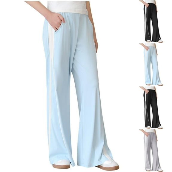 Fall Saving! HVOBTTY Toddler Bootcut Trousers, Fall Long Pants for Kid, Kids Casual Solid Color Ice Silk Wide Leg Pants Sun Protection Straight Pants Blue, 4-5 Years