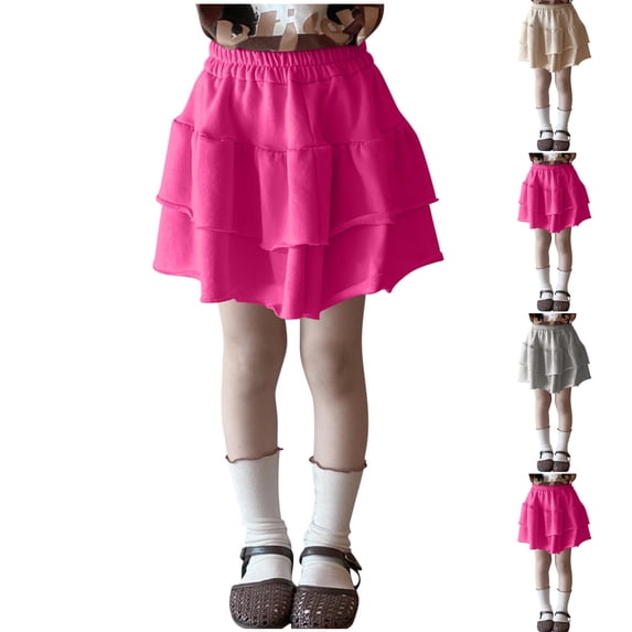 Fall Saving! HVOBTTY Toddler A Line Mini Skirts, Kid's Pleated Short Skirts, Kids Girls Casual Solid Color Elastic Waist Ruffled Hem Tiered Skirt Puff Skirts Midi Skirts Hot Pink, 4 Years