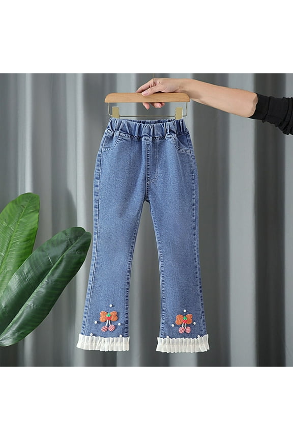 Toddler Straight Leg Jeans, Fall Long Pants for Girl, Girls Casual Fashion Solid Color Bowknot Denim Flared Wide Leg Pants Outerwear Pants Orange, 4-5 Years