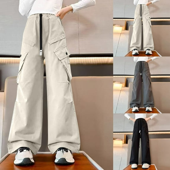 HVOBTTY Toddler Straight Leg Trousers, Fall Long Pants for Kid, Kids Casual Solid Color Loose Sports Straight Leg Wide Leg Long Pants with Pocket Beige, 14-15 Years