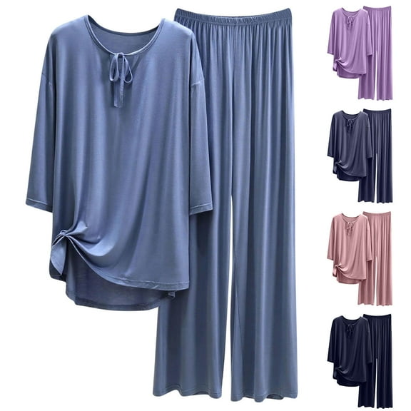 HVOBTTY Women's 3/4 Sleeve Long Pants Pajama Sets, Pajama Sets for Women, Women's Solid Color 3/4 Sleeves Round Neck T Shirts and Tie Elastic Waist Long Pants Pajama Sets Purple, XL