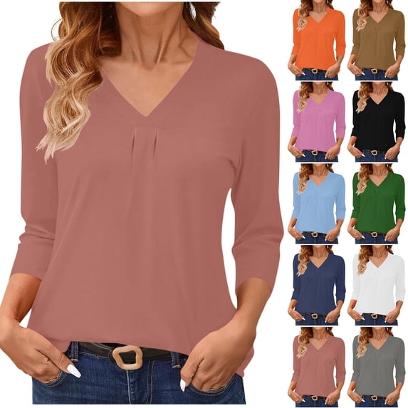 HVOBTTY Women's 3/4 Sleeve T Shirt, Fall Tops for Women, Women's Fashion Solid Color 3/4 Sleeve V Neck Layering Everyday Wear T shirt Army Green, Army Green