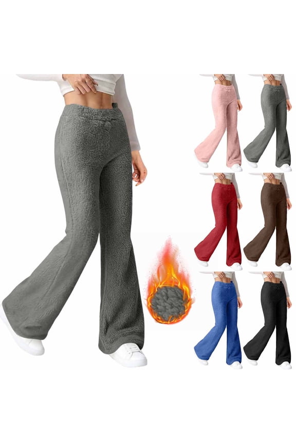 Women's Bootcut Sweatpants, Fall and Winter Pants for Women, Women's Casual Fashion Solid Color Elastic Waist Warm Thickened Flared Fleece Long Pants Coffee,S
