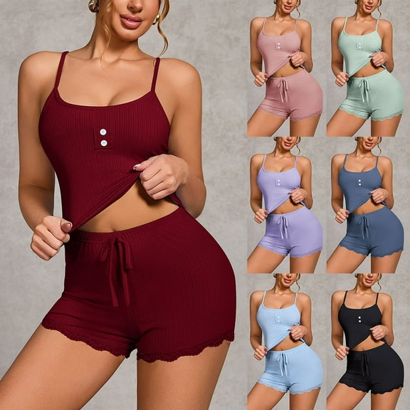 Fall Saving! HVOBTTY Women's Camisole and Shorts Pajama Sets, Pajama Sets for Women, Women's Casual Solid Color Lightweight Loose Camisole Top with Drawstring Shorts Pajama Sets Gray, L