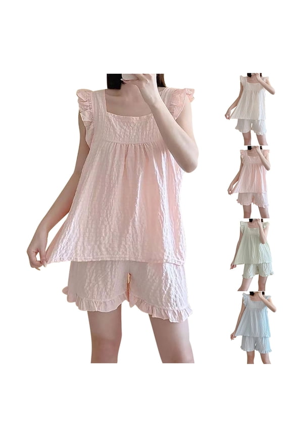 Fall Saving! HVOBTTY Women's Camisole and Shorts Pajama Sets, Pajama Sets for Women, Women's Casual Sweet Style Short Sleeve Top and Shorts Pajama Sets Beige, M