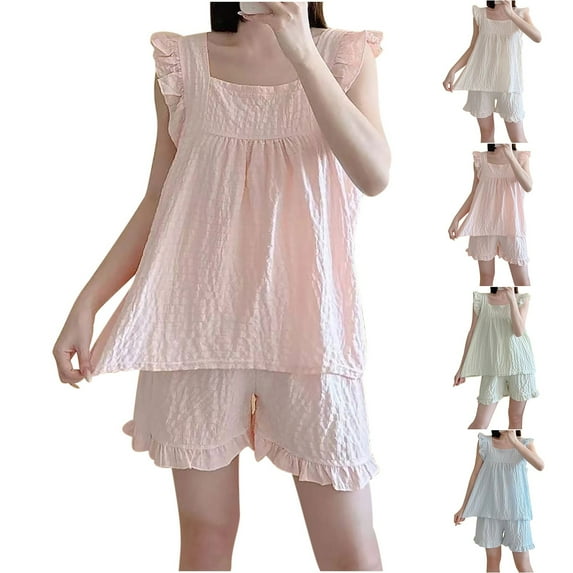 Fall Saving! HVOBTTY Women's Camisole and Shorts Pajama Sets, Pajama Sets for Women, Women's Casual Sweet Style Short Sleeve Top and Shorts Pajama Sets Blue, XXL