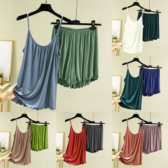 Fall Saving! HVOBTTY Women's Camisole and Shorts Pajama Sets, Pajama Sets for Women, Women's Soft Lightweight Solid Color Loose Camisole Homewear Two Piece Pajama Sets White, M