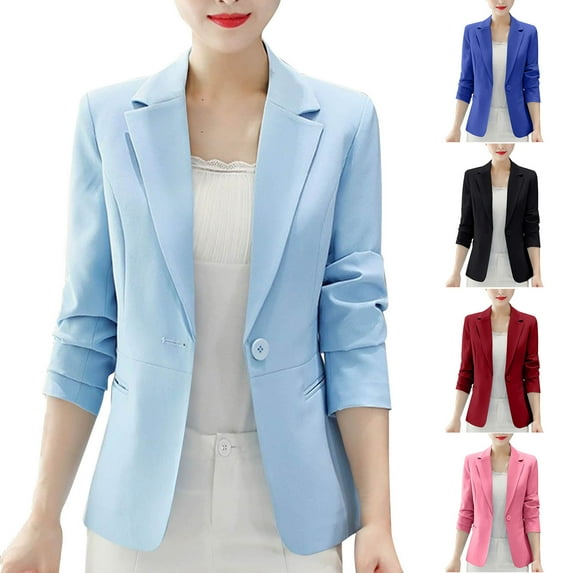 Fall Saving! HVOBTTY Women's Crop Blazer, Fall Coat for Women, Women's Fashion Solid Color Collar Long Sleeve Cardigan Outwear Blazer Blue, M