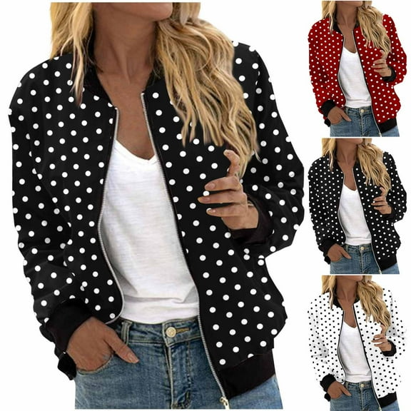 Fall Saving! HVOBTTY Women's Crop Jackets, Fall Coat for Women, Women's Casual Polka Print Long Sleeve Lightweight Zipper Pocket Outerwear Coat Wine, XXL