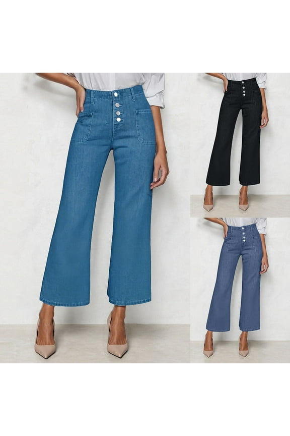 Women's Cropped Jeans, Fall Pants for Women, Women's Casual Vintage Straight Leg High Waisted Wide Leg Cropped Jeans Black, S