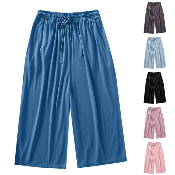 Fall Saving! HVOBTTY Women's Cropped Pajama Pants, Pajama Pants for Women, Women's Casual Comfortable Solid Color Drawstring Cropped Homewear Pants Blue, M