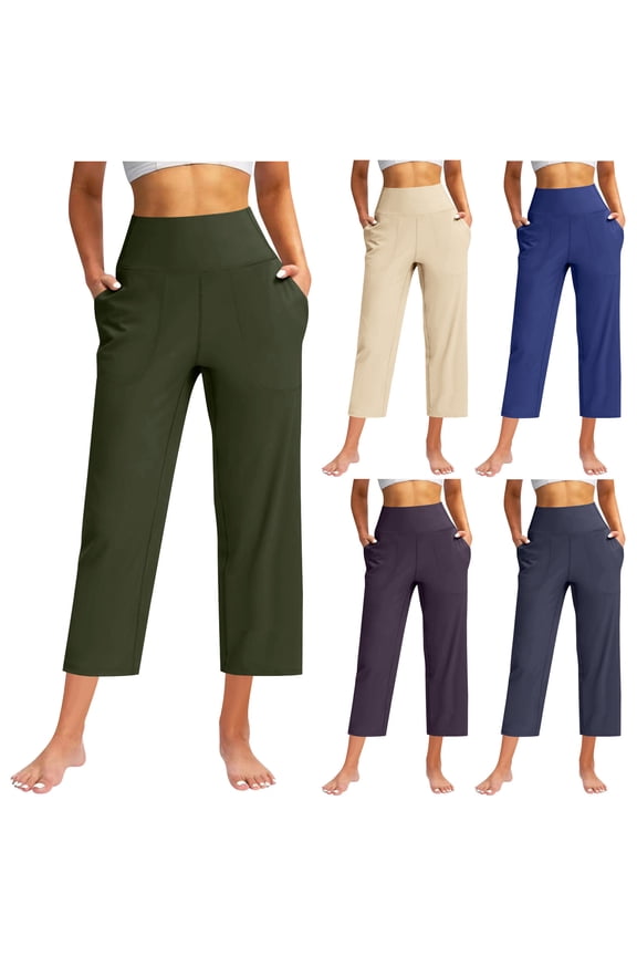Women's Cropped Wide Leg Pants, Fall Pants for Women, Women's Casual Soft Solid Color Straight Leg Yoga Cropped Pants with Pockets Army Green, M