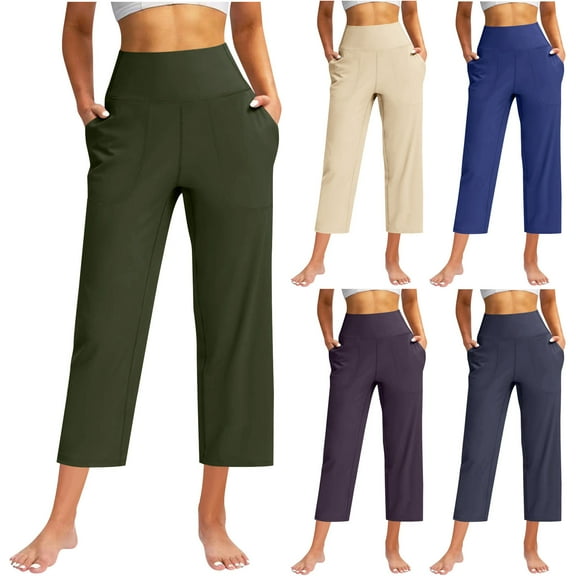 HVOBTTY Women's Cropped Wide Leg Pants, Fall Pants for Women, Women's Casual Soft Solid Color Straight Leg Yoga Cropped Pants with Pockets Purple, L