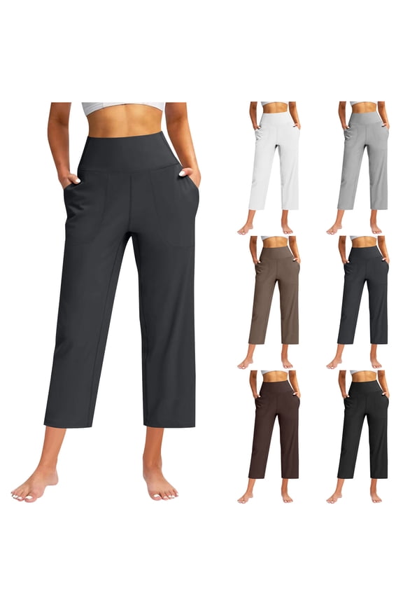 Women's Cropped Wide Leg Pants, Fall Pants for Women, Women's Soft Casual Solid Color Straight Leg Yoga Cropped Pants with Pockets White, S