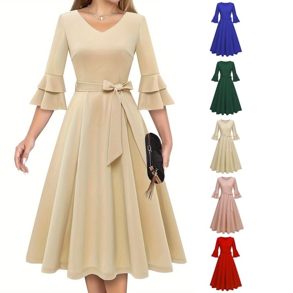 Fall Saving! HVOBTTY Women's Elegant Evening Gown, Fall Party Dresses for Women, Women's Formal Vintage Solid Color 3/4 Sleeve Color Block Midi Wedding Guest Dress Khaki, XXL