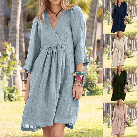 Fall Saving! HVOBTTY Women's Elegant A Line Dress, Fall Casual Dresses for Women, Women's Casual Solid Color 3/4 Sleeve Linen Daily Wear Midi Dress Blue, M