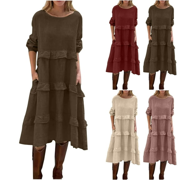 Fall Saving! HVOBTTY Women's Elegant A Line Dress, Fall Casual Dresses for Women, Women's Casual Solid Color Round Neck Long Sleeve Patchwork Ruffled Dress Pink, XXL