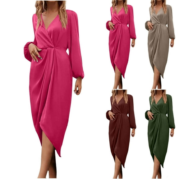 Fall Saving! HVOBTTY Women's Elegant A Line Dress, Fall Casual Dresses for Women, Women's Solid Color V Neck Long Sleeve Cuffed Split Satin Midi Dress Hot Pink, S