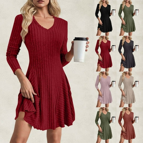 Fall Saving! HVOBTTY Women's Elegant A Line Dress, Fall Casual Dresses for Women, Women's Stylish Solid Color V Neck Long Sleeve Brushed Ruched A Line Midi Dress Green, XL