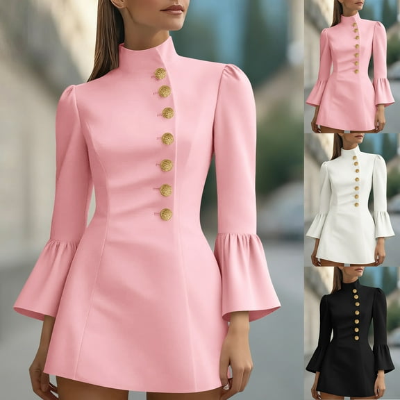 Fall Saving! HVOBTTY Women's Elegant A Line Dress, Fall Party Dresses for Women, Women's Bodycon Solid Color Long Sleeve Waist Cinched Flare Sleeve Stand Collar Button Knee Length Dresses Pink, XXL