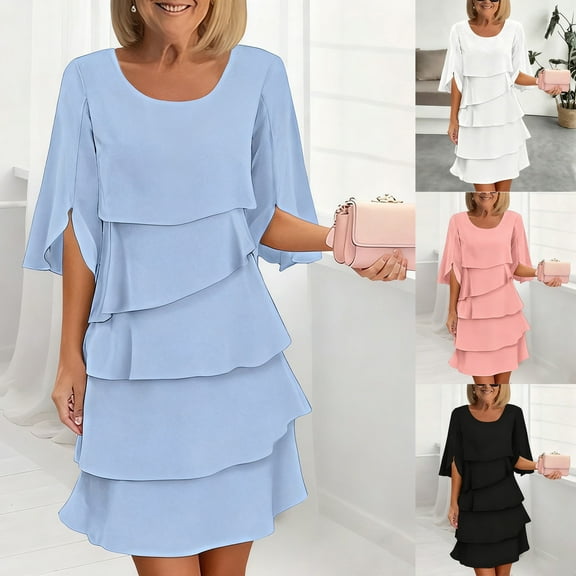 Fall Saving! HVOBTTY Women's Elegant Peplum Dress, Fall Casual Dresses for Women, Womens Casual Solid Color Crew Neck 3/4 Sleeve Tiered Ruffle Mini Dress White, L