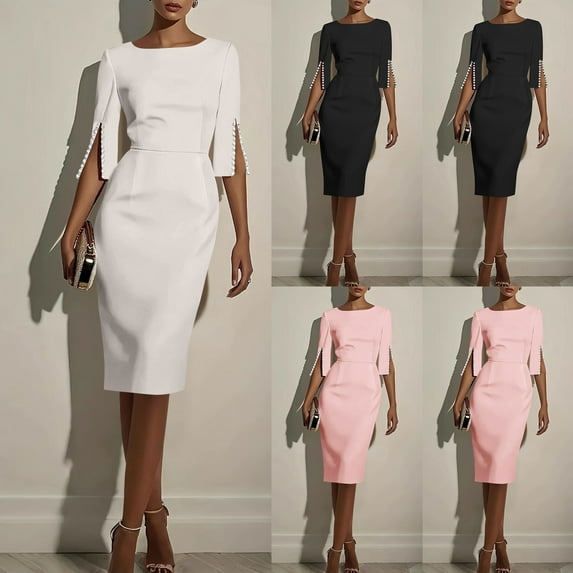 Fall Saving! HVOBTTY Women's Elegant Sheath Dress, Fall Party Dresses for Women, Women's Formal Bodycon Solid Color Crew Neck Elegant 3/4 Sleeve Sheath Midi Dress Pink, XL