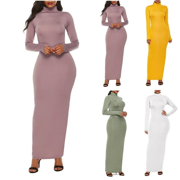 Fall Saving! HVOBTTY Women's Elegant Sheath Dress, Fall Party Dresses for Women, Women's Formal Solid Color Turtleneck Long Sleeve Elastic Bodycon Maxi Dress Ankle Length Dress Yellow, XXXXXL