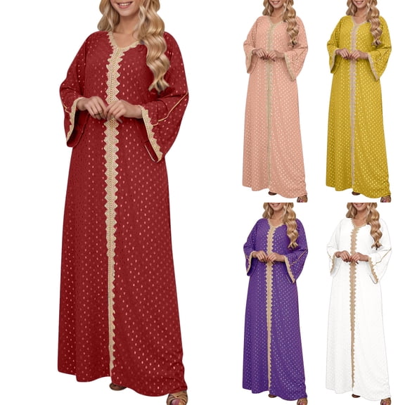 Fall Saving! HVOBTTY Women's Elegant Shift Dress, Fall Casual Dresses for Women, Women's Stylish Gold Printed Long Sleeve V Neck Maxi Dress Ethnic Style Dresses Red, XXL
