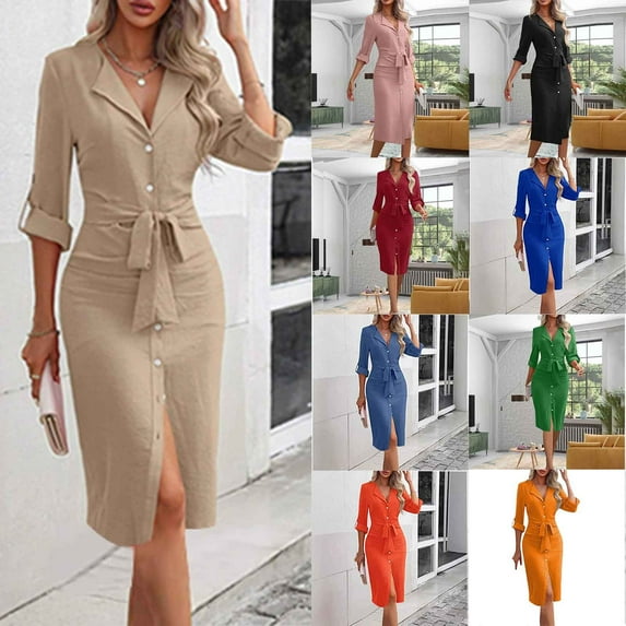 Fall Saving! HVOBTTY Women's Elegant Shirt Dress, Fall Party Dresses for Women, Women's Casual Solid Color Lapel Long Sleeve Elegant Split Midi Dress Green, S