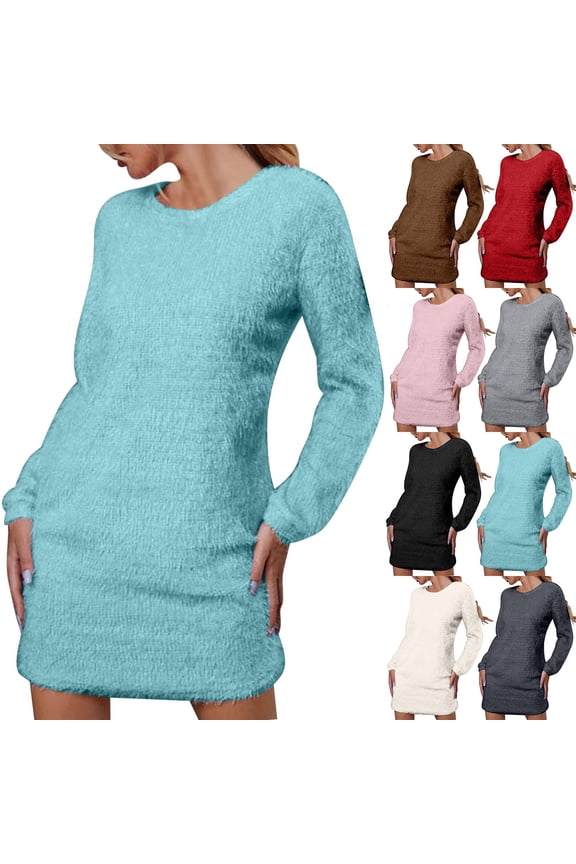 Fall Saving! HVOBTTY Women's Elegant T-Shirt Dress, Fall Casual Dresses for Women, Womens Soft Casual Solid Color Crew Neck Long Sleeve Fleece Midi Dress Pink, XXXL