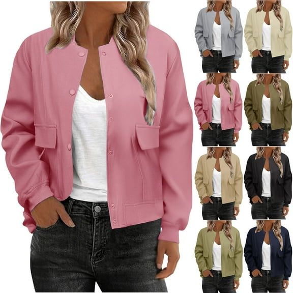 Fall Saving! HVOBTTY Women's Long Blazer, Fall Coat for Women, Women's Fashion Casual Solid Color Lapel Long Sleeve Short Style Coat Navy, S