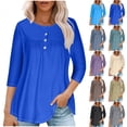 thumbnail image 1 of Fall Saving! HVOBTTY Women's Long Sleeved Lightweight T Shirt, Fall Tops for Women, Women's Casual Solid Color 3/4 Sleeve Crew Neck Pleated Buttoned Waist T Shirt Black, S, 1 of 4