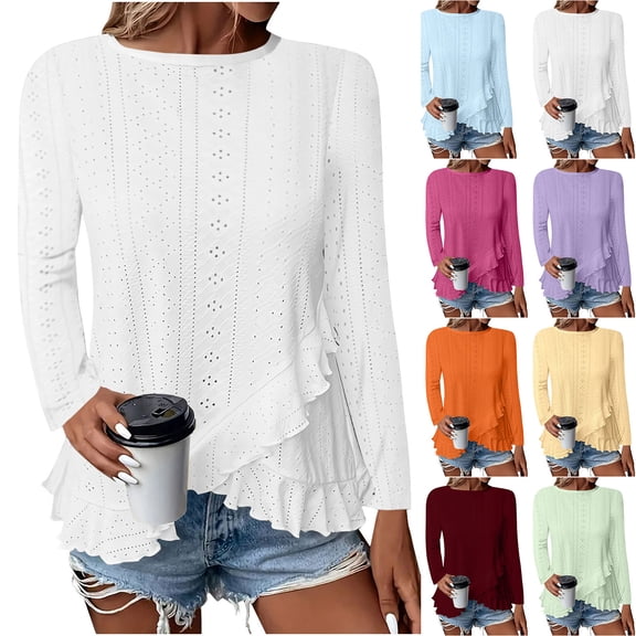 HVOBTTY Women's Long Sleeved Lightweight T Shirt, Fall Tops for Women, Women's Soft Daily Solid Color Crew Neck Irregular Hemline T Shirt Orange, M