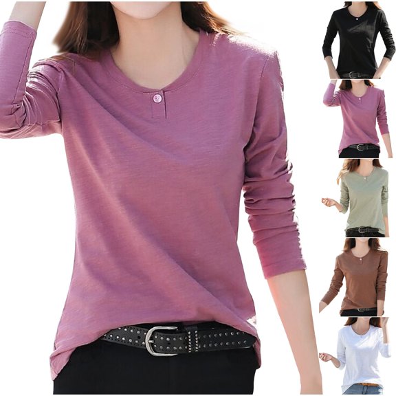 HVOBTTY Women's Long Sleeved Pullover T Shirts, Fall Tops for Women Plus Size, Women's Casual Fashion Crew Neck Korean Style Slim Layering T Shirt Purple, L