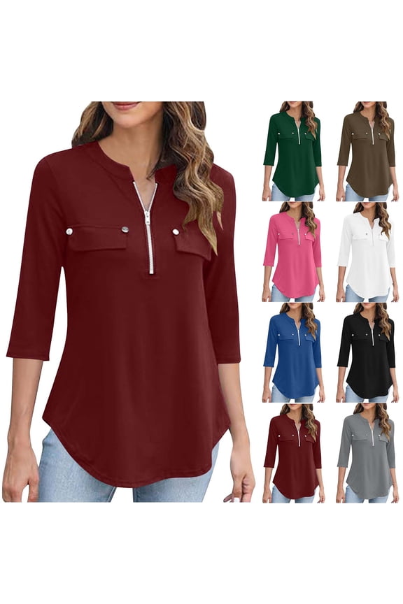 Women's Long Sleeved Pullover T Shirts, Fall Tops for Women, Women's Casual 3/4 Sleeve V Neck Zip Up Business Work Cinched Waist Top Gray, L