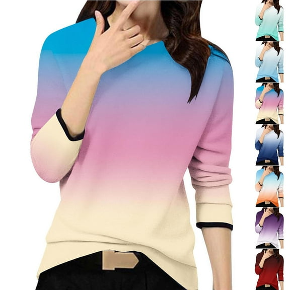 HVOBTTY Women's Long Sleeved Pullover T Shirts, Fall Tops for Women, Women's Casual Comfortable Gradient Print Crew Neck Loose T Shirt Khaki, XXL