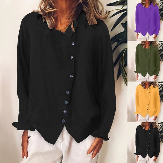 Fall Saving! HVOBTTY Women's Long Sleeved Pullover T Shirts, Fall Tops for Women, Women's Casual Solid Color Crew Neck Linen Button Down Tees Shirts Army Green, M