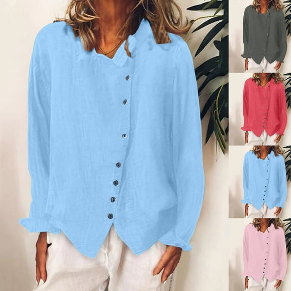 HVOBTTY Women's Long Sleeved Pullover T Shirts, Fall Tops for Women, Women's Casual Solid Color Crew Neck Linen Button Down Tees Shirts Red, XL