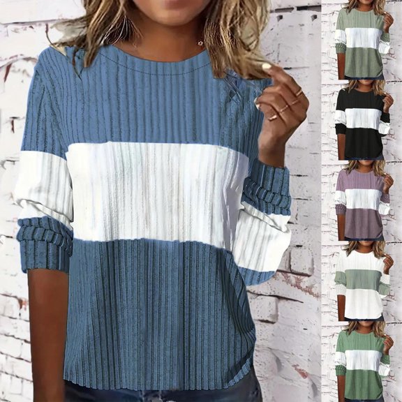 HVOBTTY Women's Long Sleeved Pullover T Shirts, Fall Tops for Women, Women's Casual Solid Color Crew Neck Patchwork Pullover Top Green, L