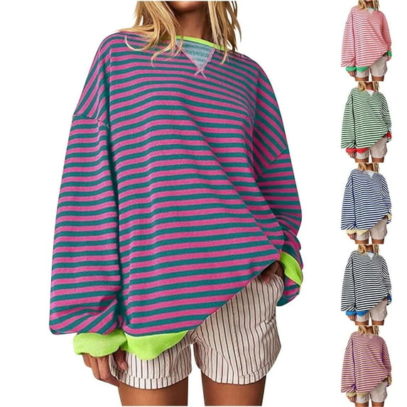 Fall Saving! HVOBTTY Women's Long Sleeved Pullover T Shirts, Fall Tops for Women, Women's Fashion Casual Striped Color Block Round Neck Loose Daily Top Green, S