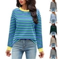 thumbnail image 1 of HVOBTTY Women's Long Sleeved Pullover T Shirts, Fall Tops for Women, Women's Fashionable Casual Loose Fitting Striped Color Blocked Round Neck T Shirt White, XXL, 1 of 5
