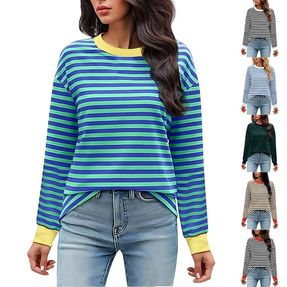 HVOBTTY Women's Long Sleeved Pullover T Shirts, Fall Tops for Women, Women's Fashionable Casual Loose Fitting Striped Color Blocked Round Neck T Shirt Black, M